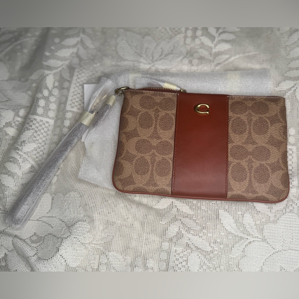 Coach 32445 Large Wristlet Tan Rust Signature Canvas Zip Wallet NWT